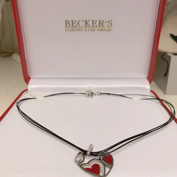 Robert Coin Red Enamel 18k White Gold Diamond & Ruby Heart Pendant.18tw. 15.5”